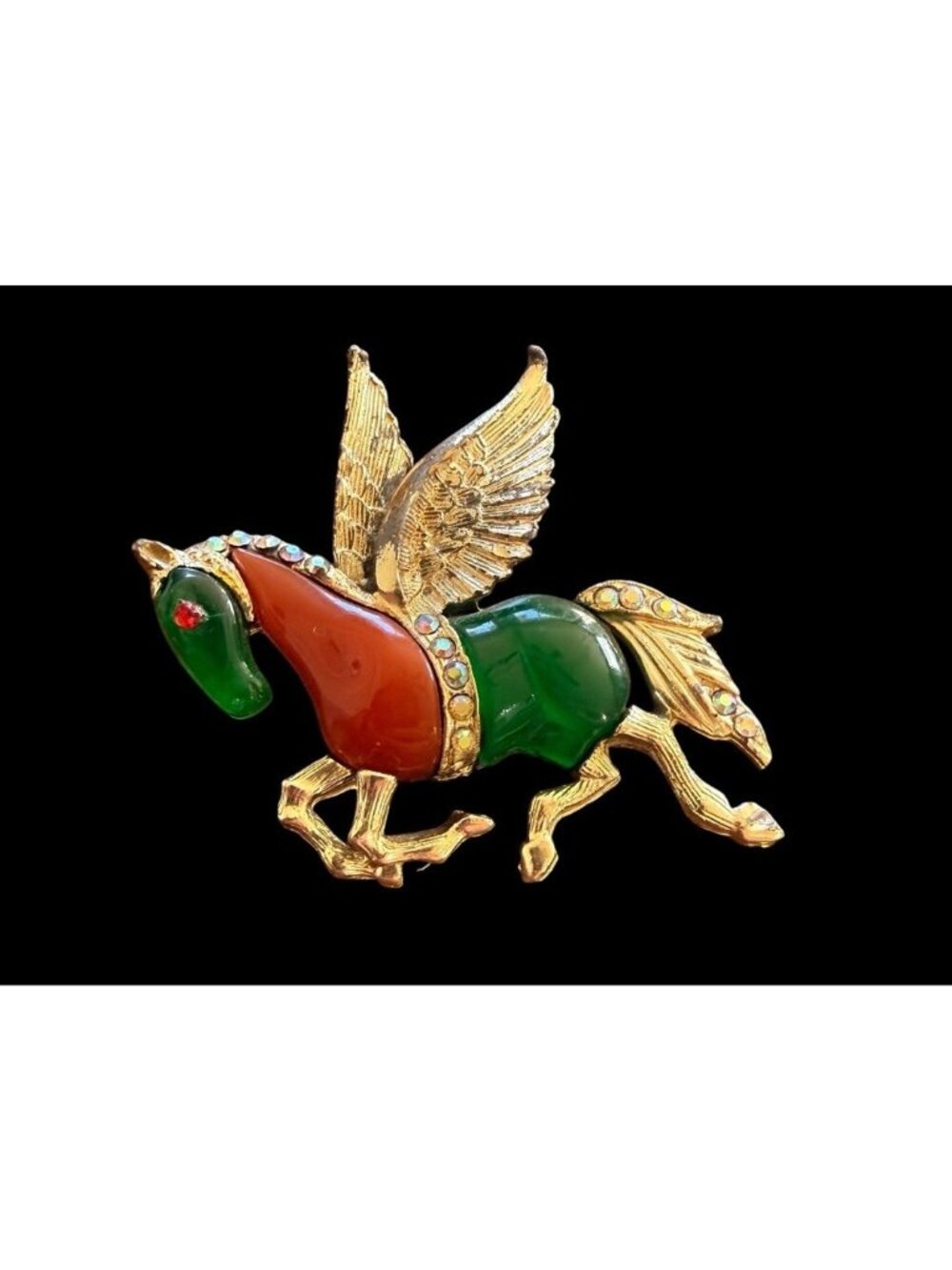 Vintage Hattie Carnegie Pegasus Brooch Gold Tone Winged Horse Rhinestone 2.25”